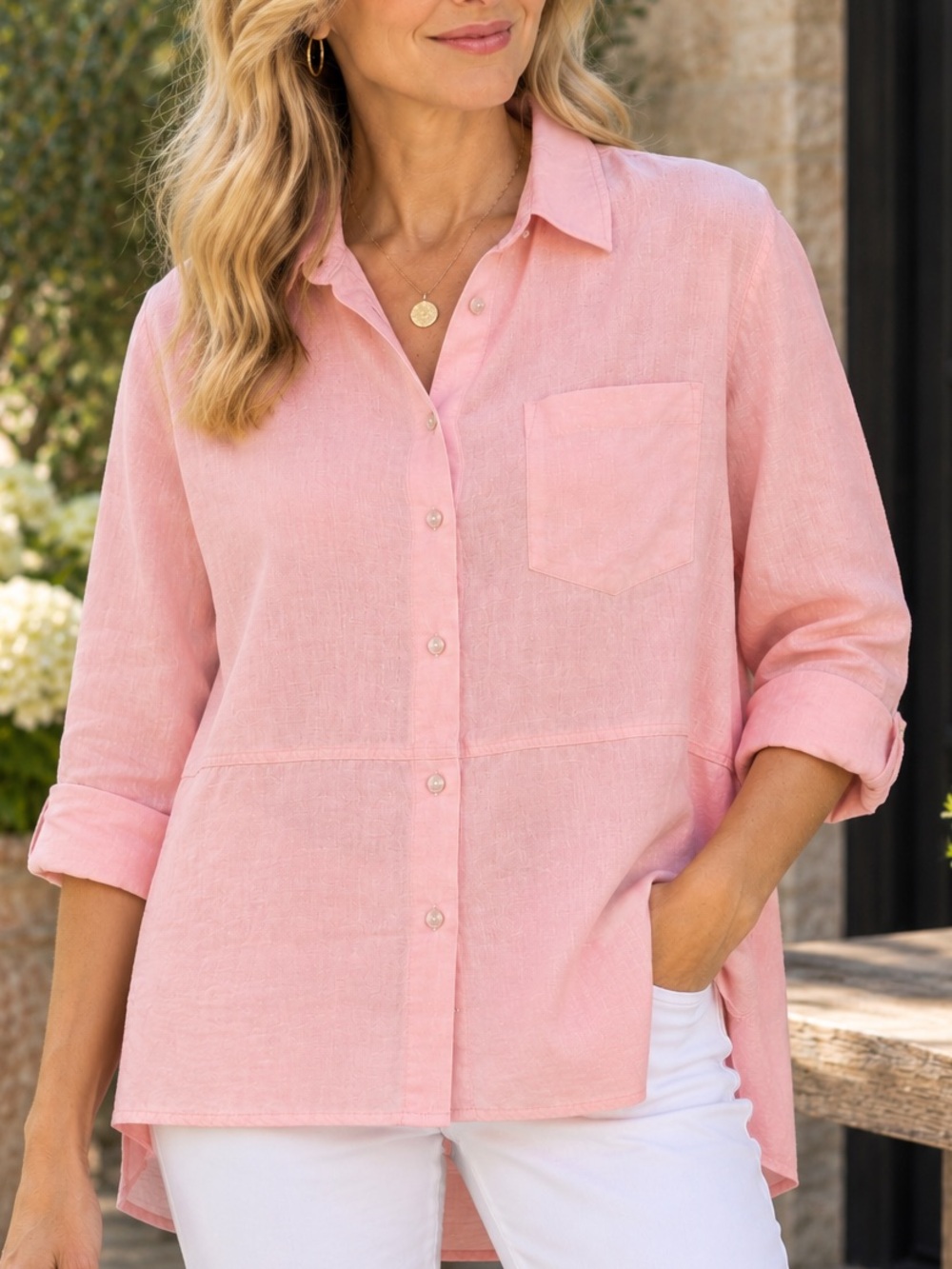 100% Linen Olsen Germany Pink Oversized Button Down Tunic Shirt Women’s Size XL